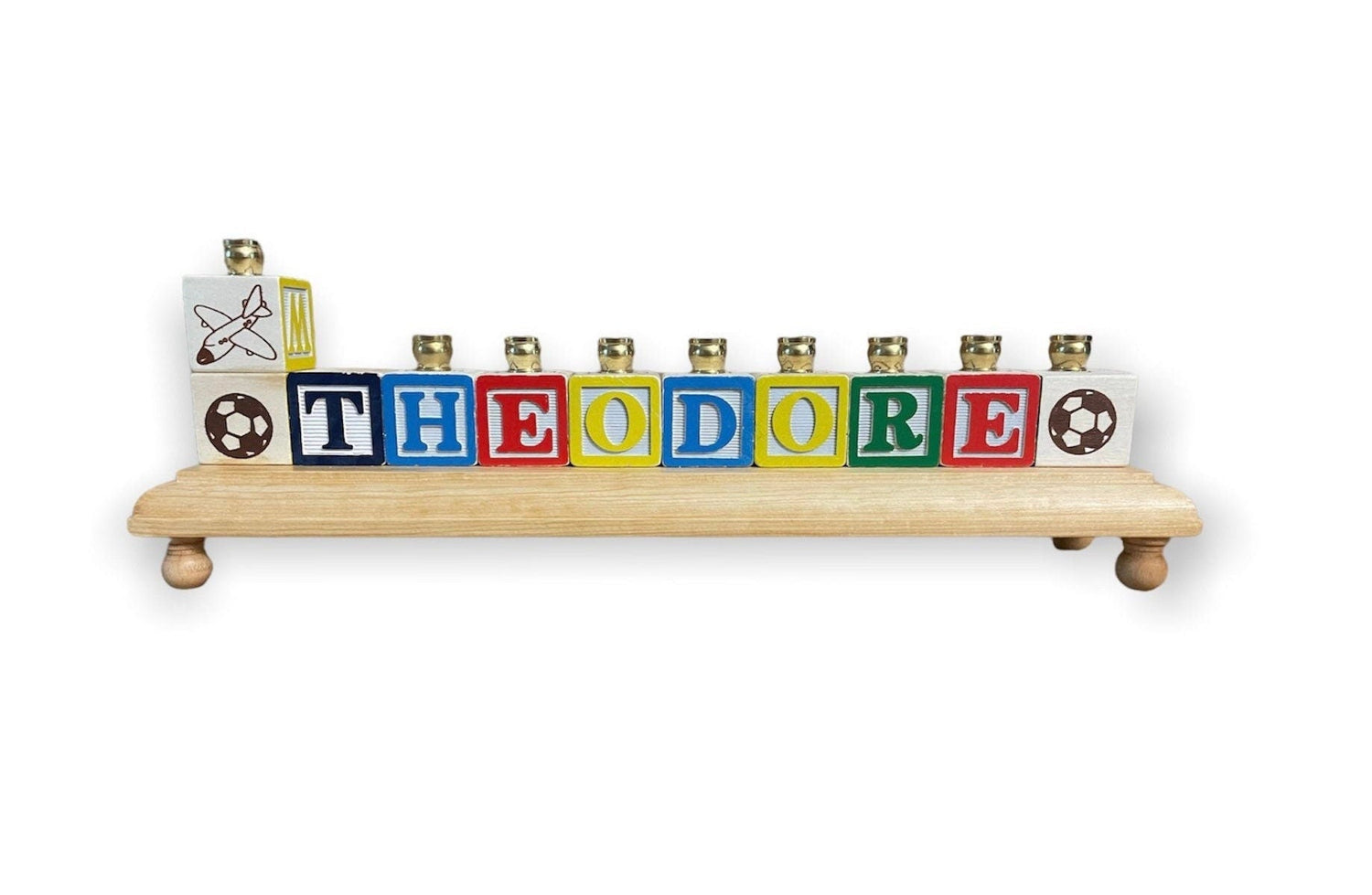 Personalized name menorah — repurposed wooden alphabet blocks on stained base with brass cups | Judaica Square Lakew (view 2)