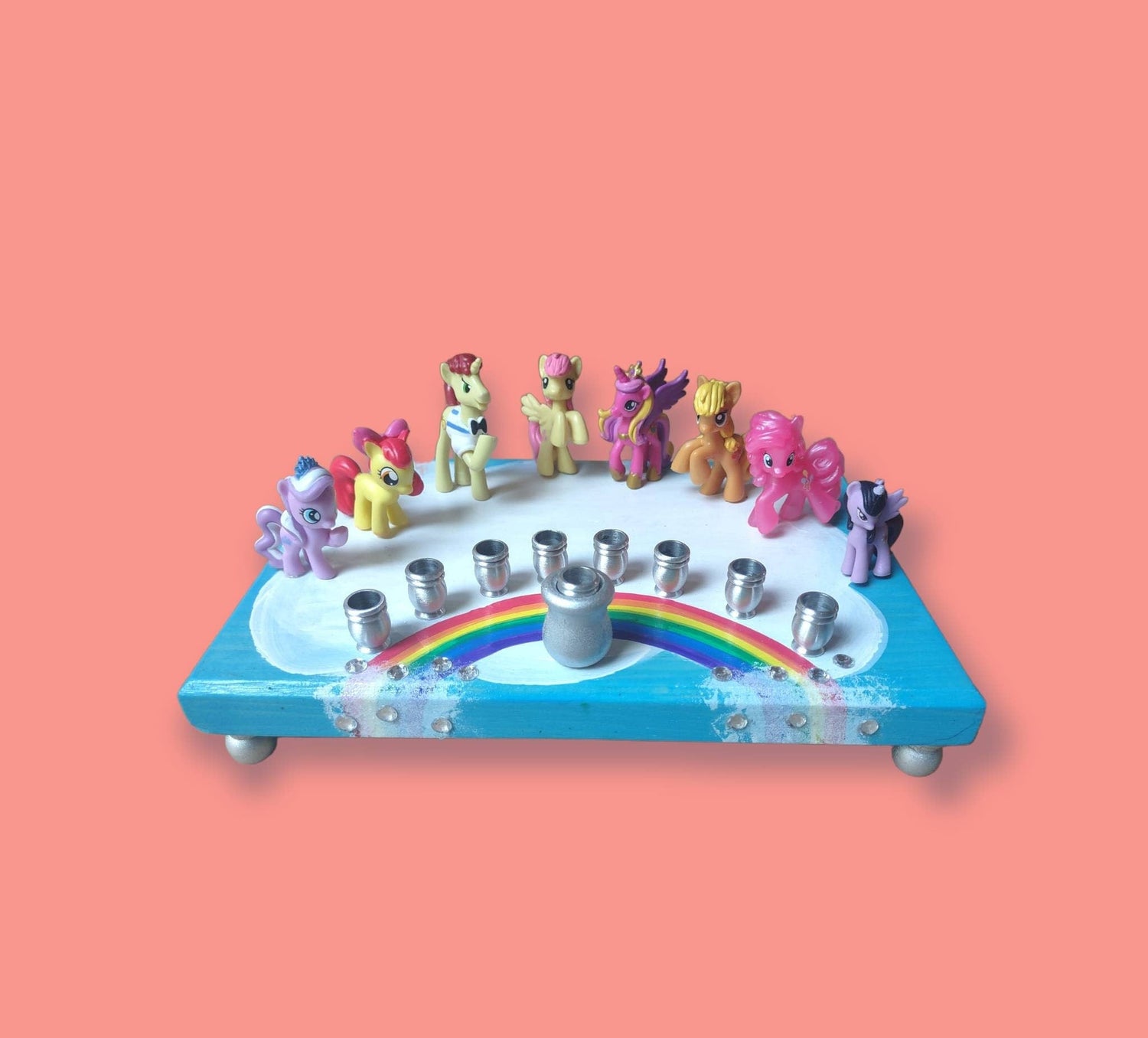 My Little Pony menorah — repurposed pony toys with rhinestones on painted wood | Judaica Square Lakewood (view 3)