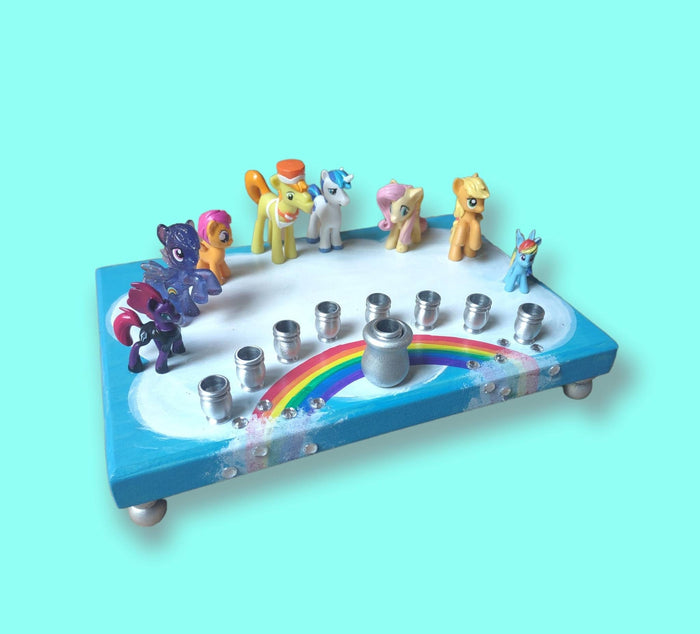 My Little Pony menorah — repurposed pony toys with rhinestones on painted wood | Judaica Square Lakewood