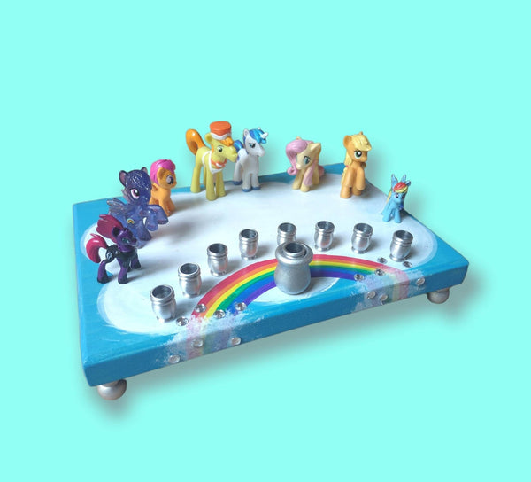My Little Pony menorah — repurposed pony toys with rhinestones on painted wood | Judaica Square Lakewood