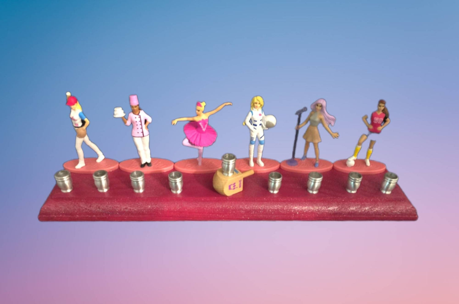 Barbie menorah — vintage Barbie career doll figures on painted wood plaques | Judaica Square Lakewood (view 2)