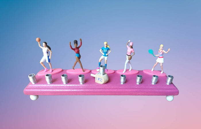 Barbie menorah — vintage Barbie career doll figures on painted wood plaques | Judaica Square Lakewood