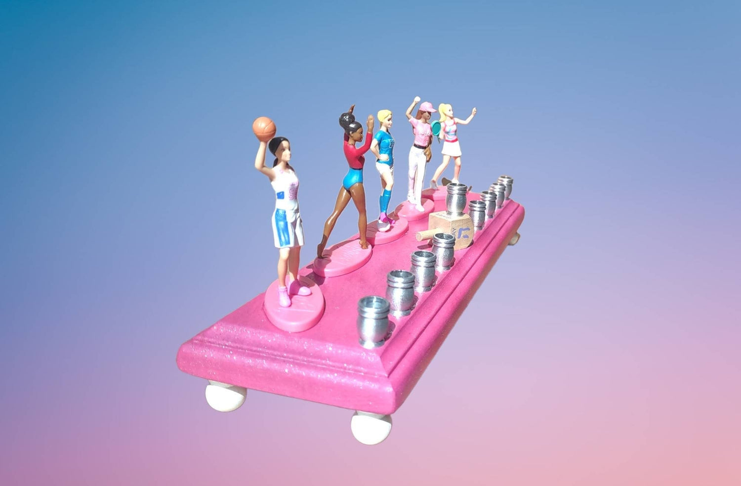Barbie menorah — vintage Barbie career doll figures on painted wood plaques | Judaica Square Lakewood (view 4)