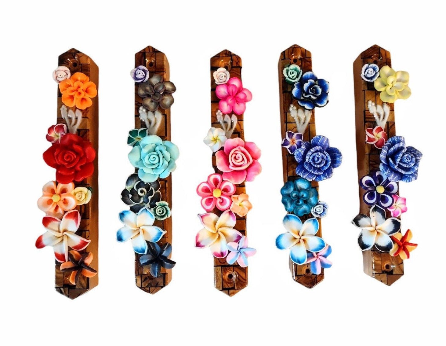 Olive wood and flowers mezuzah case — visible wood grain with painted flowers | Judaica Square Lakewood (view 9)