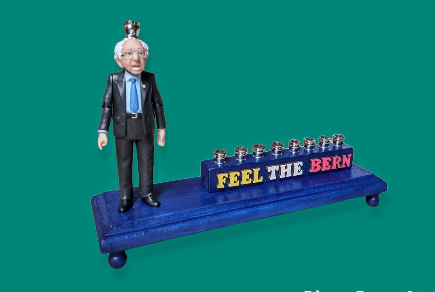 Feel the Bern menorah — Bernie Sanders figure with wood letters and nickel cups | Judaica Square Lakewood (view 3)