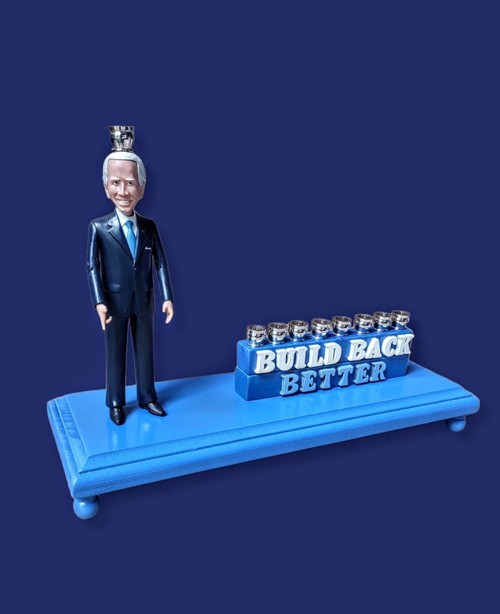 Joe Biden menorah — action figure with Build Back Better wood letters and nickel cups | Judaica Square Lakewood
