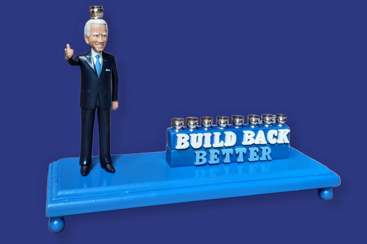 Joe Biden menorah — action figure with Build Back Better wood letters and nickel cups | Judaica Square Lakewood (view 4)