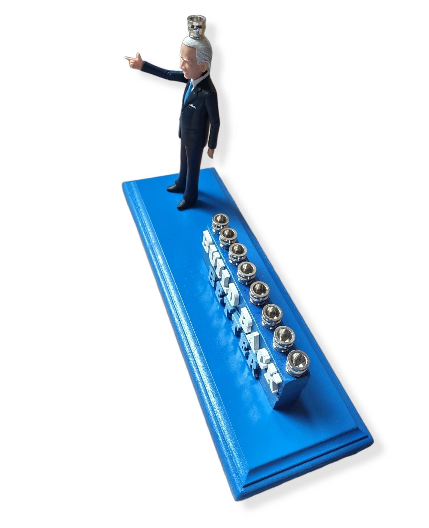 Joe Biden menorah — action figure with Build Back Better wood letters and nickel cups | Judaica Square Lakewood (view 5)