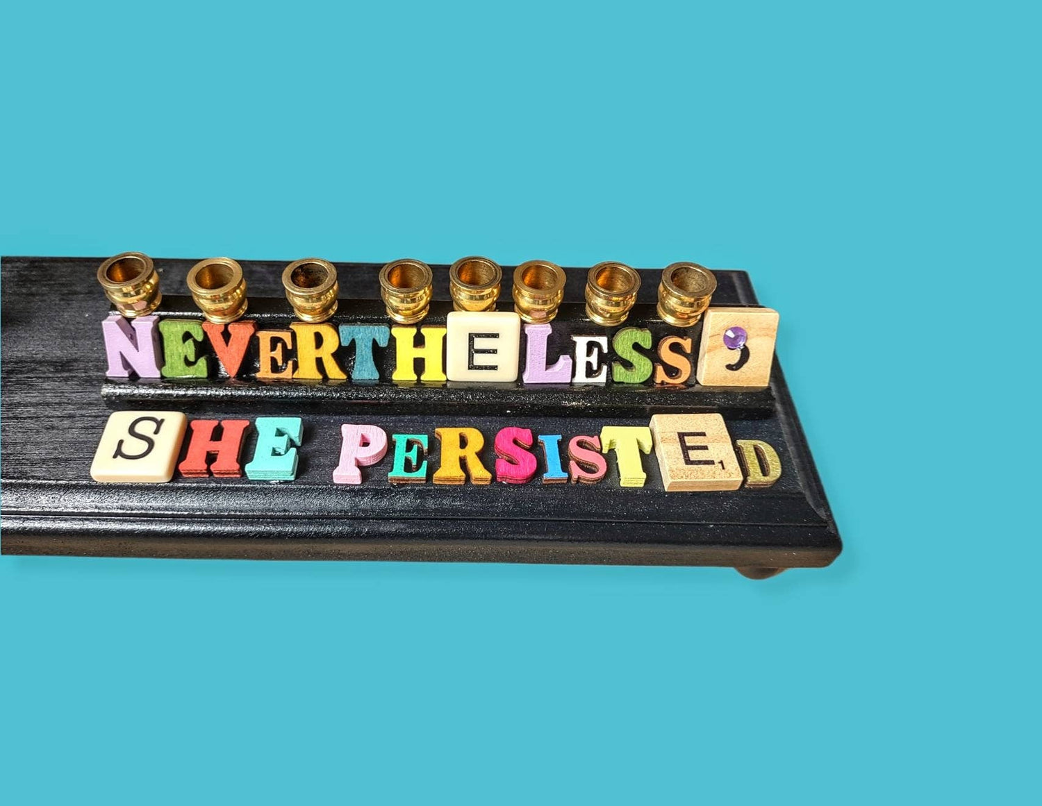 Elizabeth Warren menorah — action figure with scrabble tile quote and brass cups | Judaica Square Lakewood (view 5)