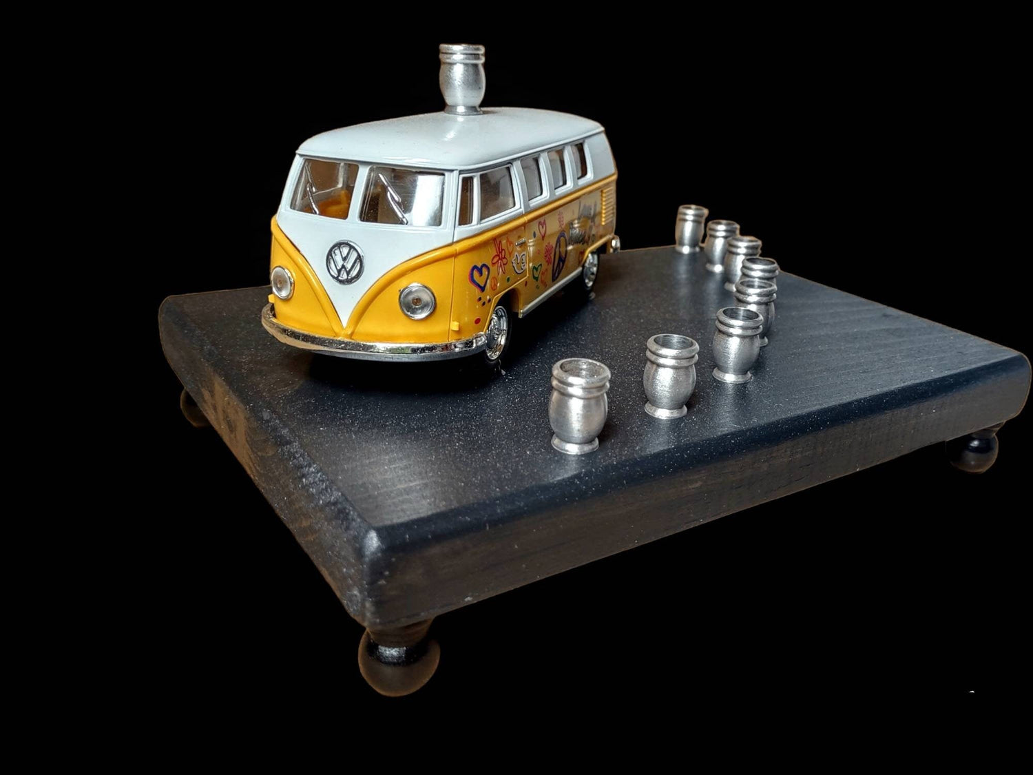 Shalom VW bus menorah — painted die-cast Volkswagen van on wood plaque with candle cups | Judaica Square Lakewood (view 5)