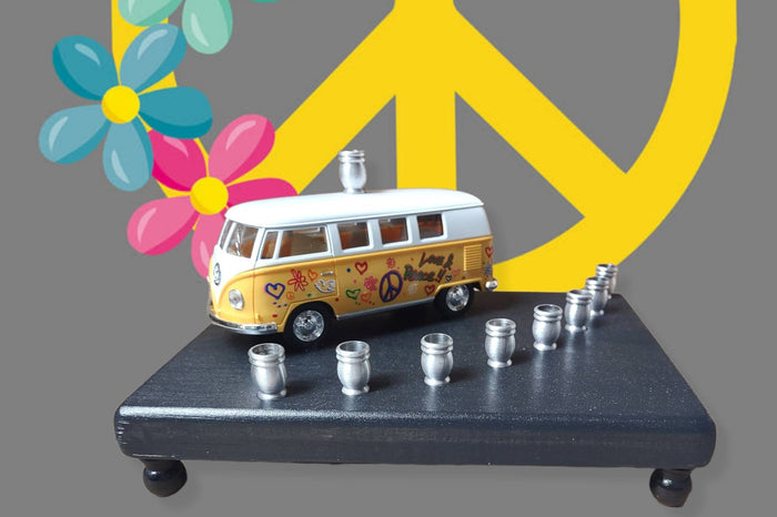 Shalom VW bus menorah — painted die-cast Volkswagen van on wood plaque with candle cups | Judaica Square Lakewood