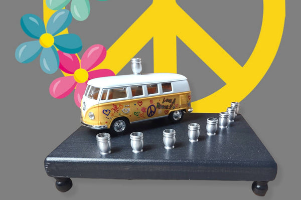 Shalom VW bus menorah — painted die-cast Volkswagen van on wood plaque with candle cups | Judaica Square Lakewood