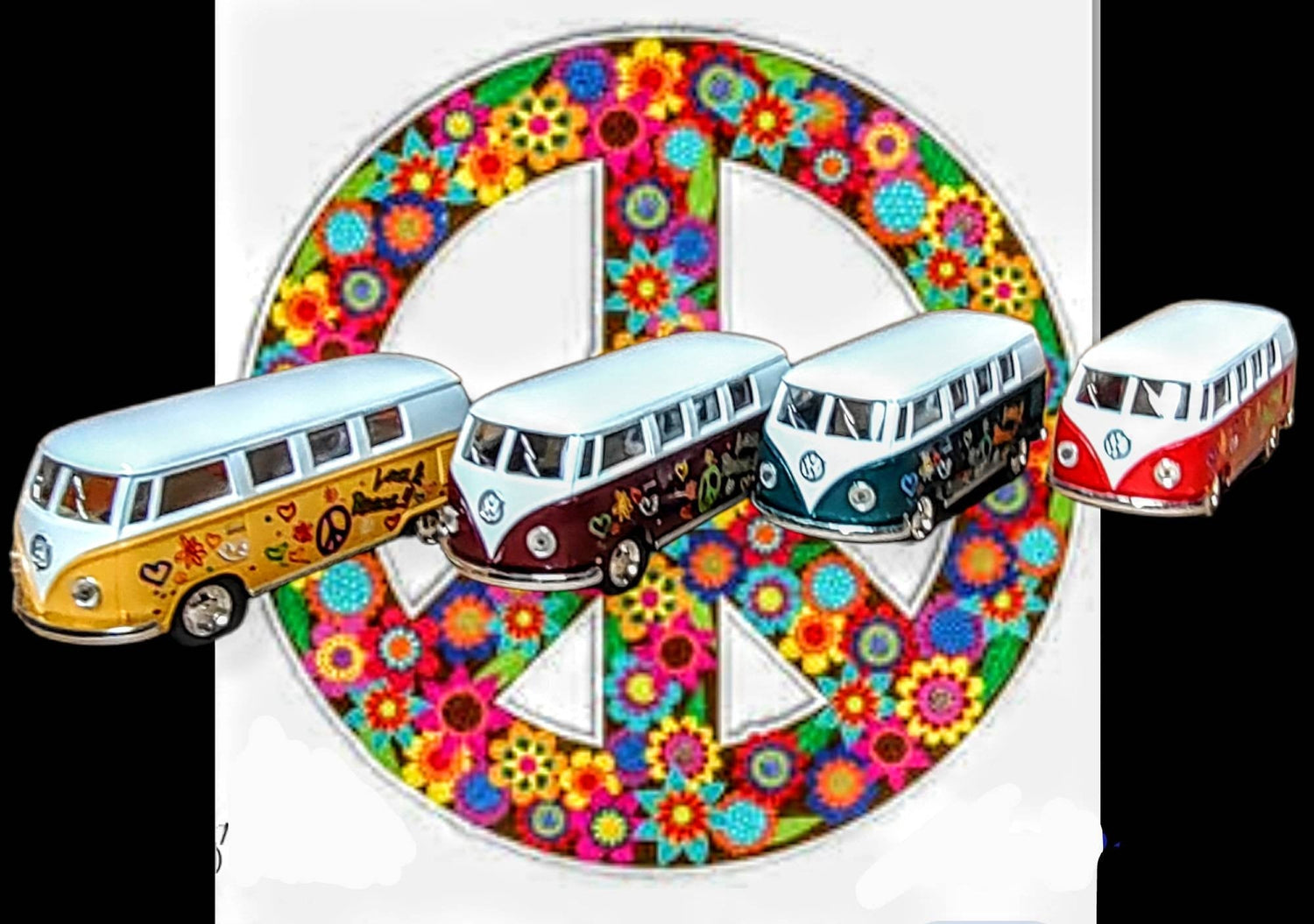 Hippie peace bus menorah — die-cast bus on a swirled acrylic plaque with beads and dreidel | Judaica Square Lakewood (view 4)