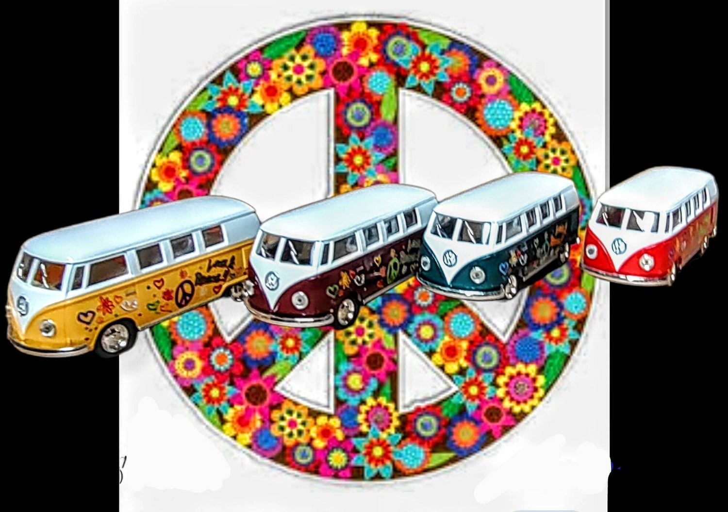 Shalom VW bus menorah — painted die-cast Volkswagen van on wood plaque with candle cups | Judaica Square Lakewood (view 2)