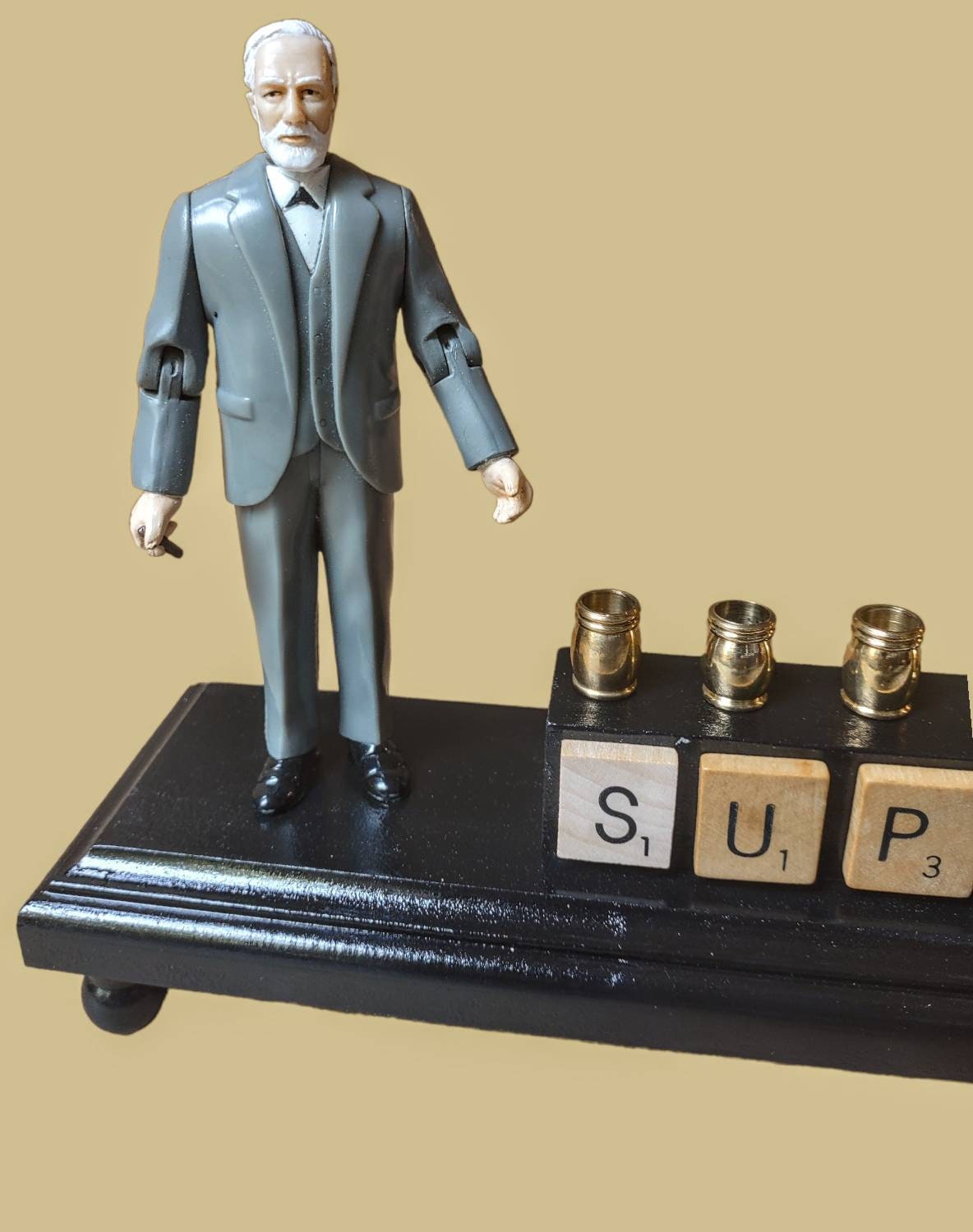 Sigmund Freud Menorah — Freud figure with SUPEREGO letter tiles and gold cups | Judaica Square Lakewood (view 7)