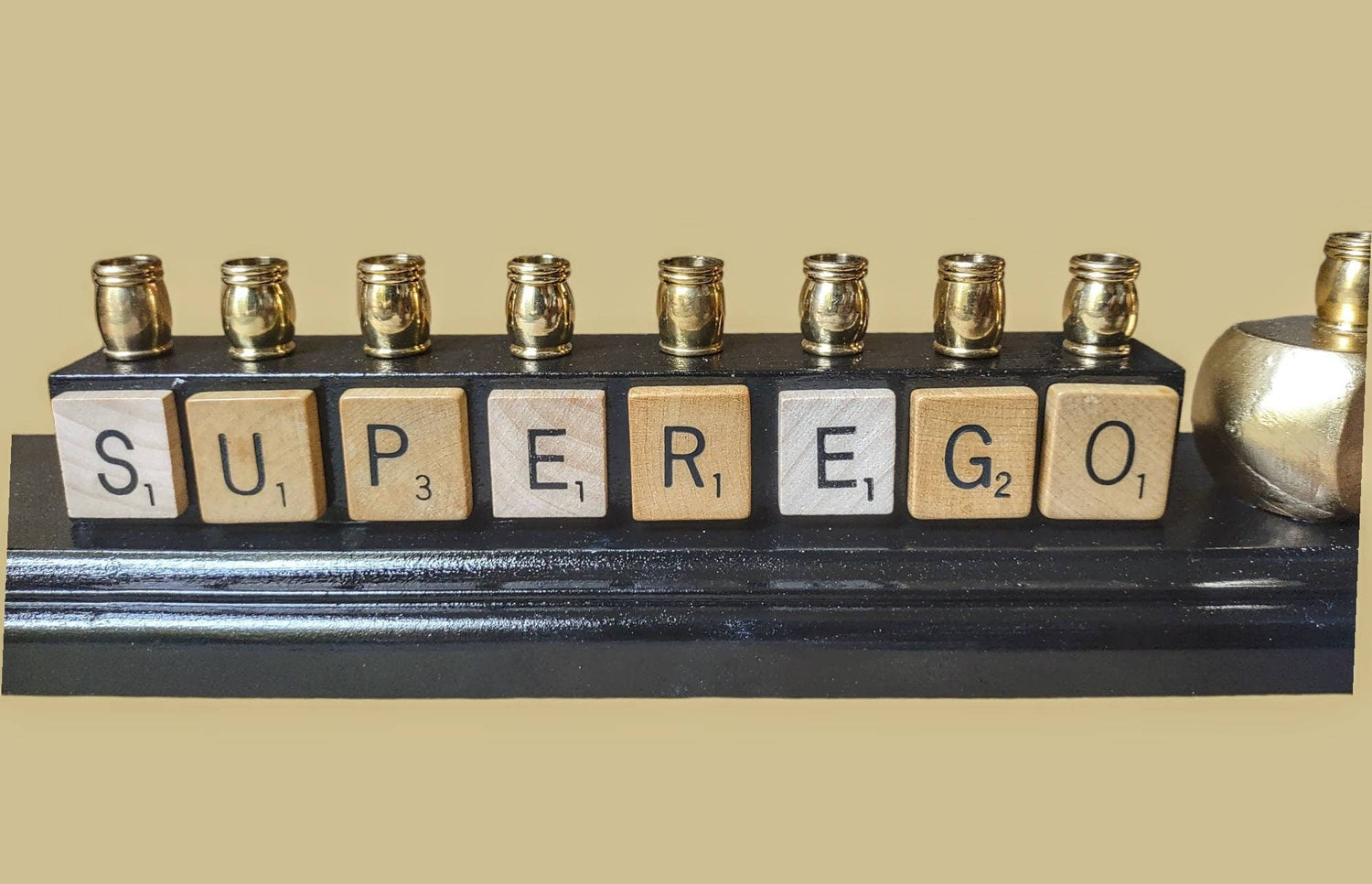 Sigmund Freud Menorah — Freud figure with SUPEREGO letter tiles and gold cups | Judaica Square Lakewood (view 5)