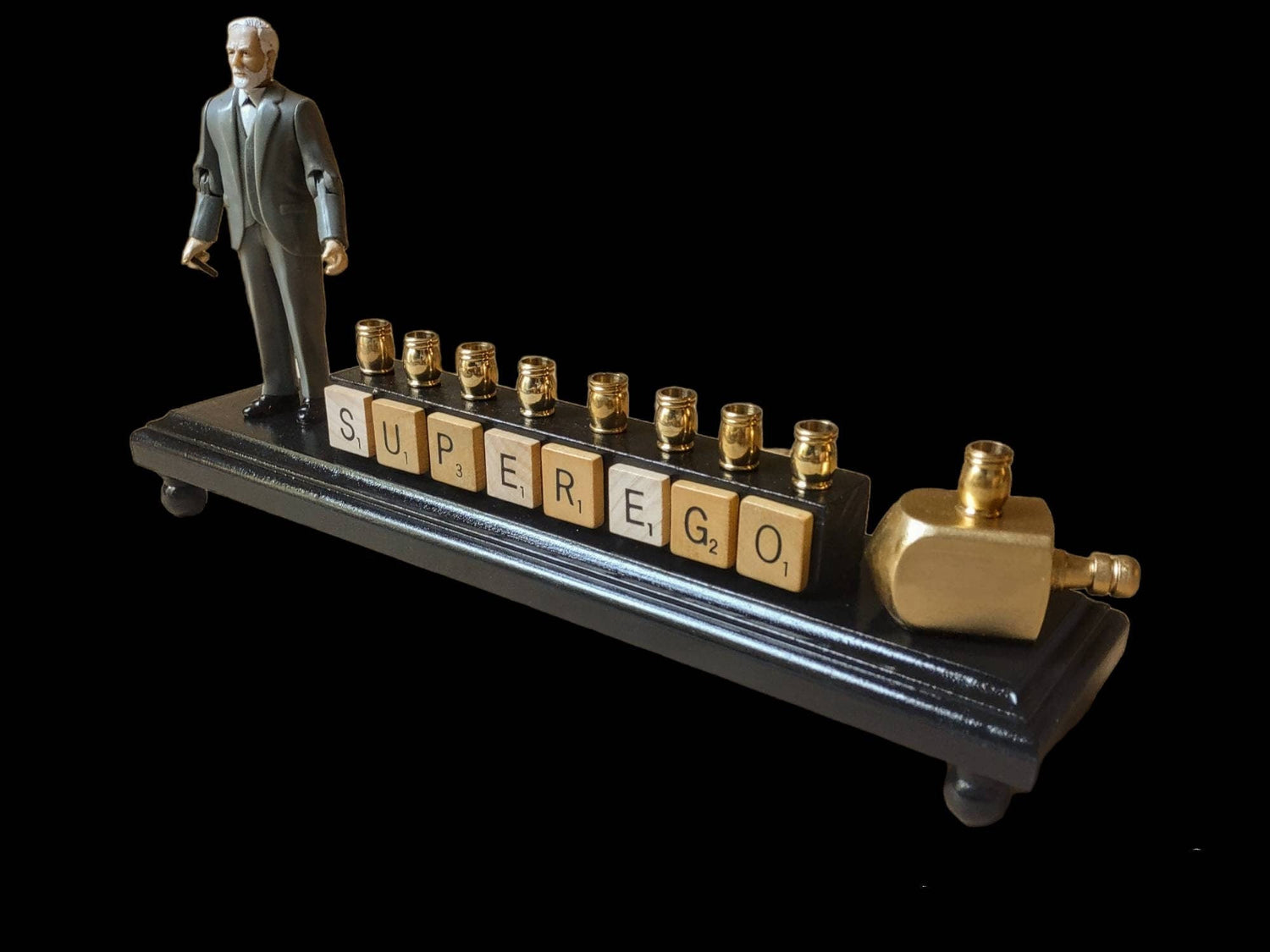 Sigmund Freud Menorah — Freud figure with SUPEREGO letter tiles and gold cups | Judaica Square Lakewood (view 4)