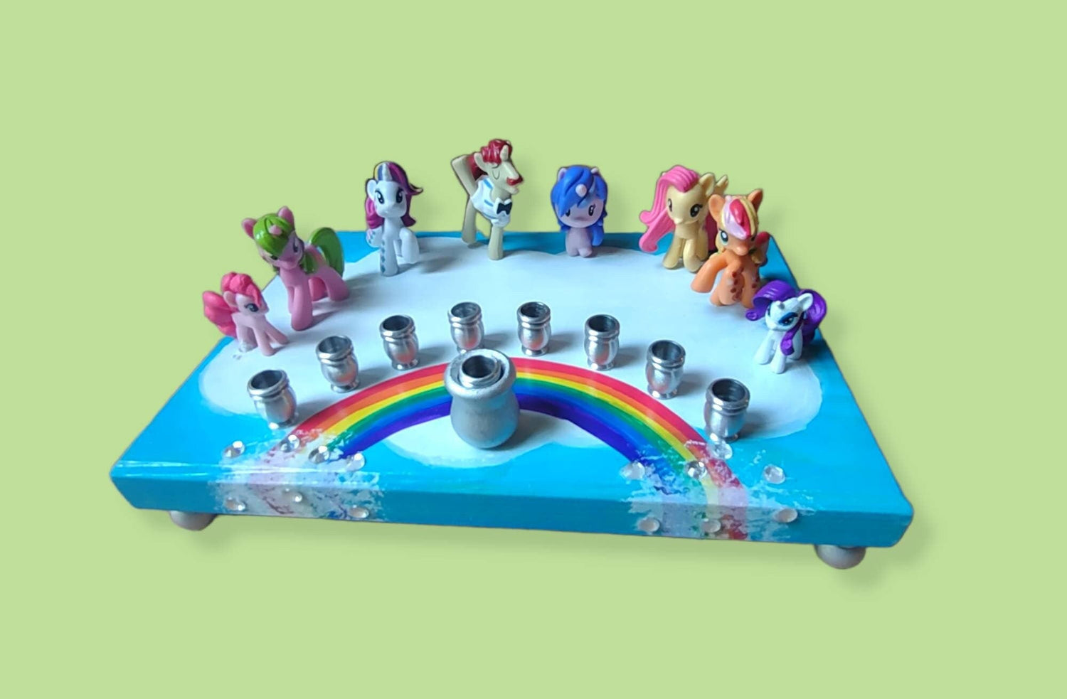 My Little Pony menorah — repurposed pony toys with rhinestones on painted wood | Judaica Square Lakewood (view 2)