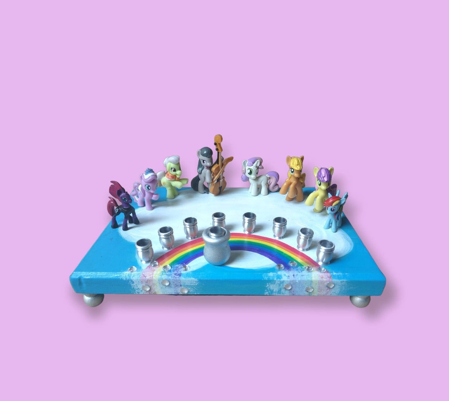My Little Pony menorah — repurposed pony toys with rhinestones on painted wood | Judaica Square Lakewood (view 4)