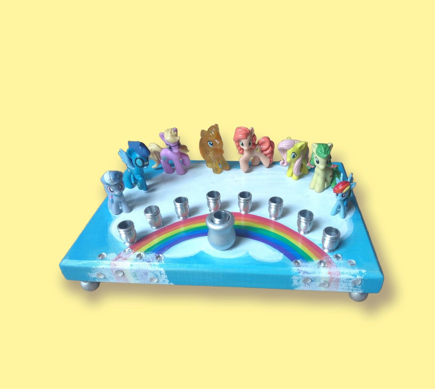 My Little Pony menorah — repurposed pony toys with rhinestones on painted wood | Judaica Square Lakewood (view 5)