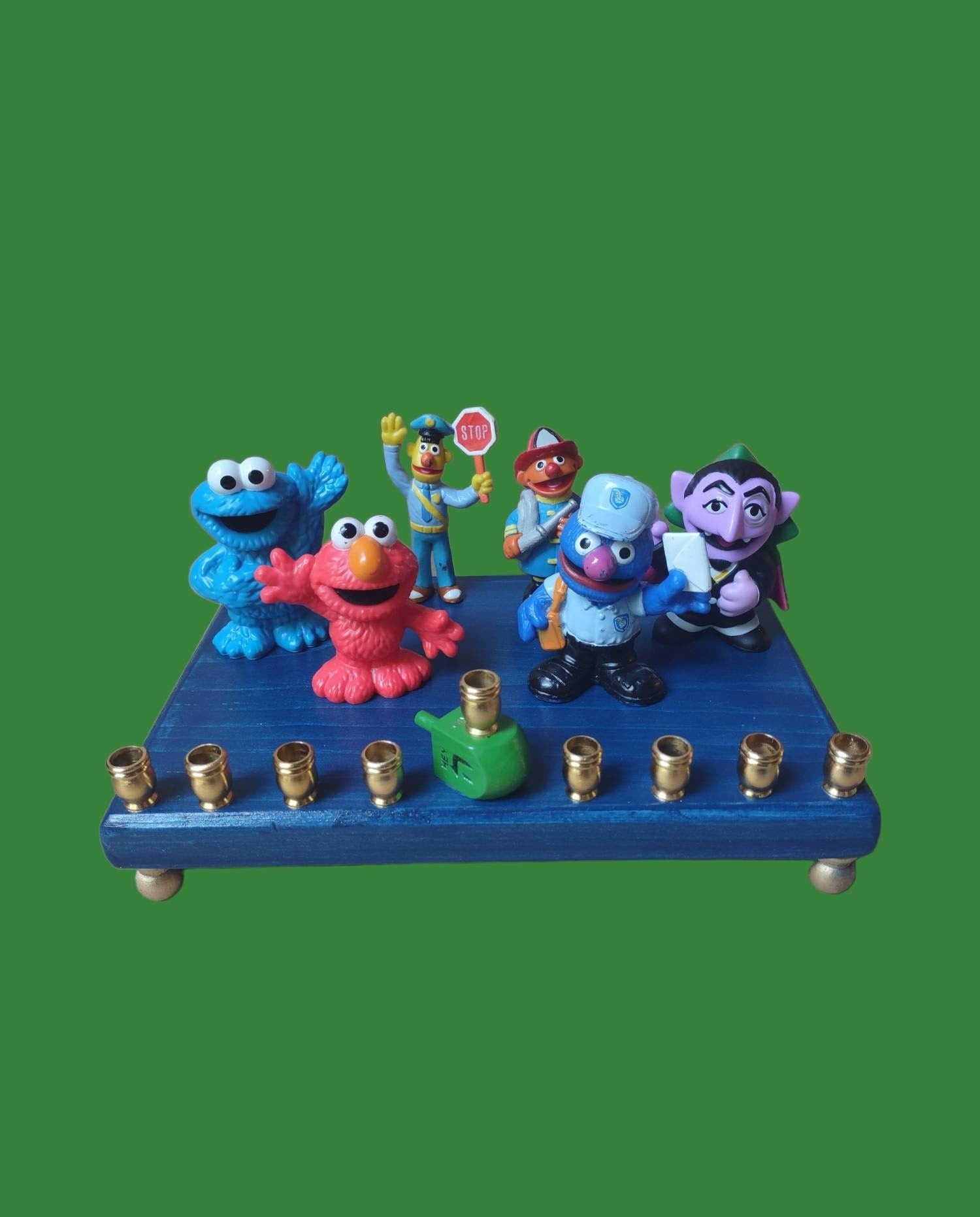 Sesame Street Menorah — Elmo, Bert, Ernie and friends with wooden dreidel shamash | Judaica Square Lakewood (view 2)