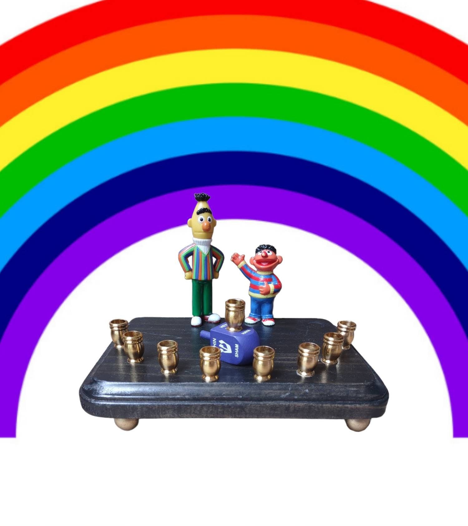 Sesame Street Menorah — Elmo, Bert, Ernie and friends with wooden dreidel shamash | Judaica Square Lakewood (view 3)