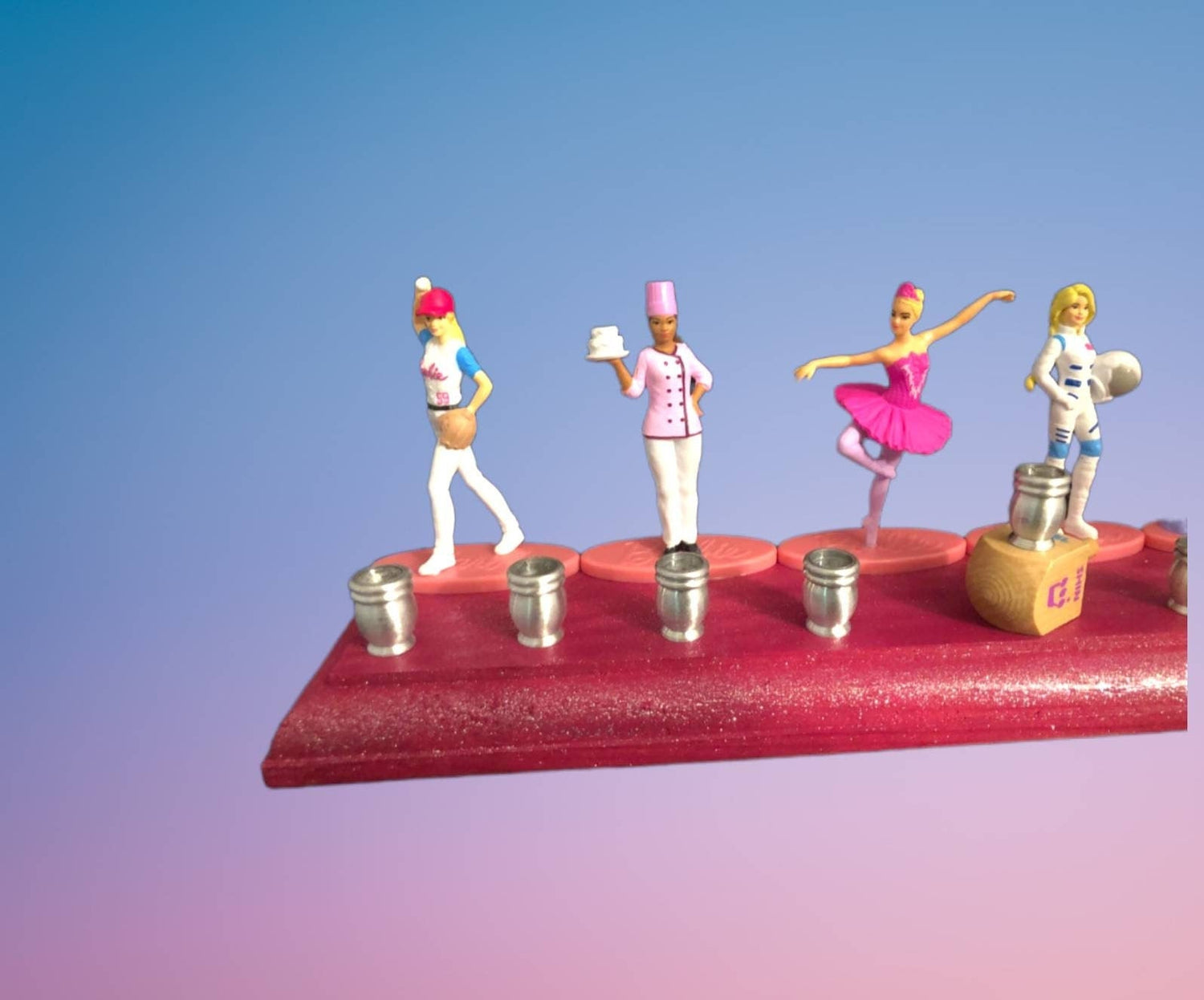 Barbie menorah — vintage Barbie career doll figures on painted wood plaques | Judaica Square Lakewood (view 3)
