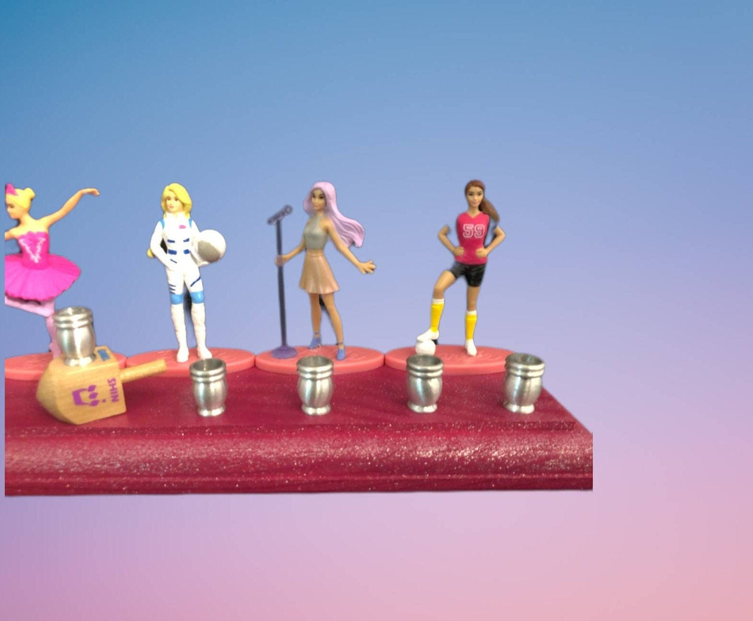 Barbie menorah — vintage Barbie career doll figures on painted wood plaques | Judaica Square Lakewood (view 5)