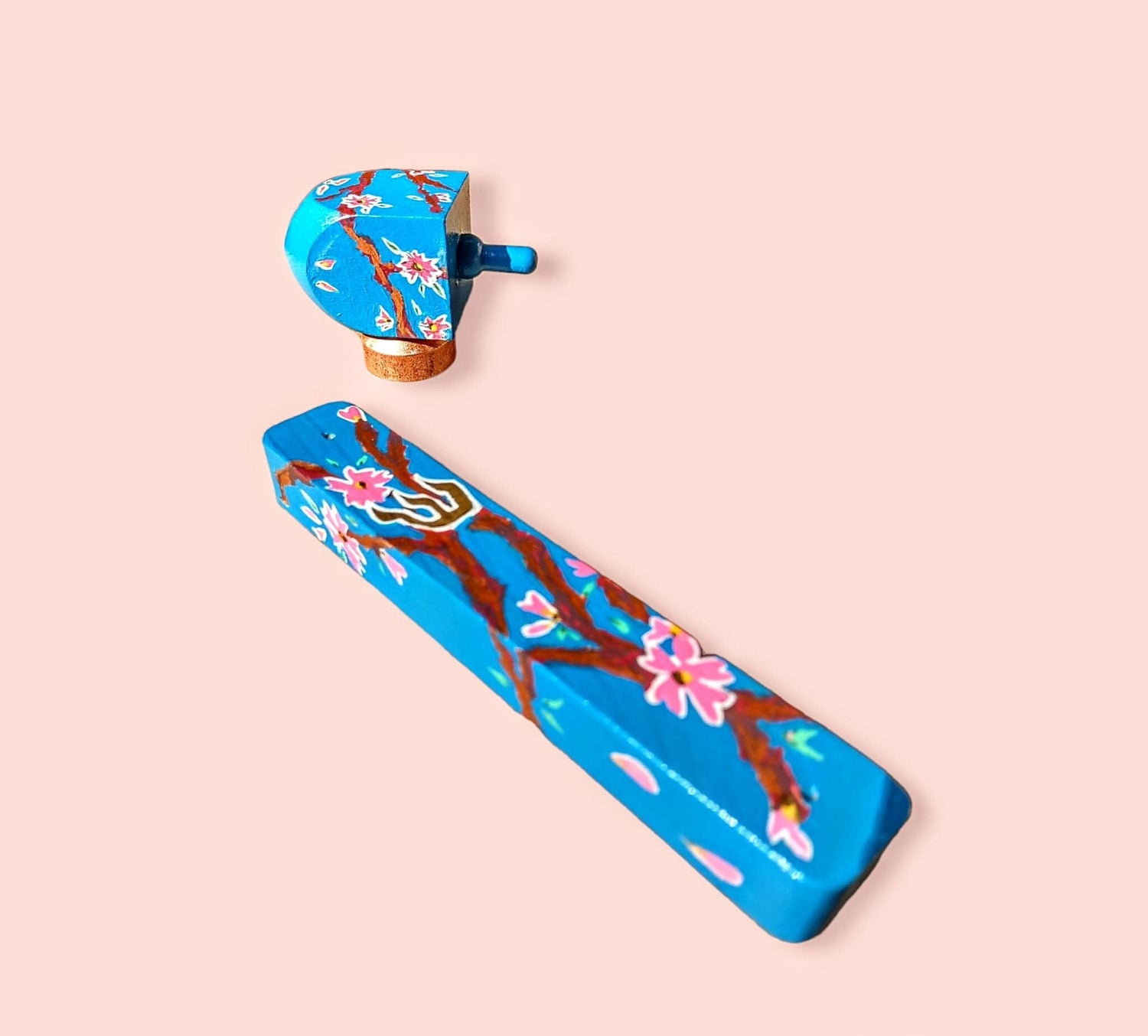Cherry blossom mezuzah case and dreidel set — matching pink blossom painting on wood | Judaica Square Lakewood (view 5)