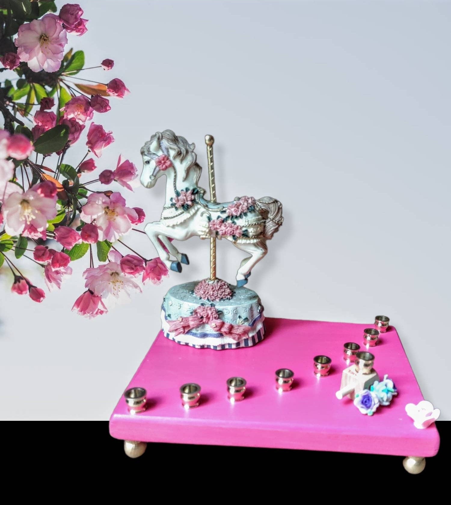 Carousel menorah — vintage musical horse on painted base with silicone flowers | Judaica Square Lakewood (view 5)