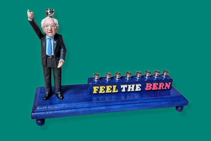 Feel the Bern menorah — Bernie Sanders figure with wood letters and nickel cups | Judaica Square Lakewood