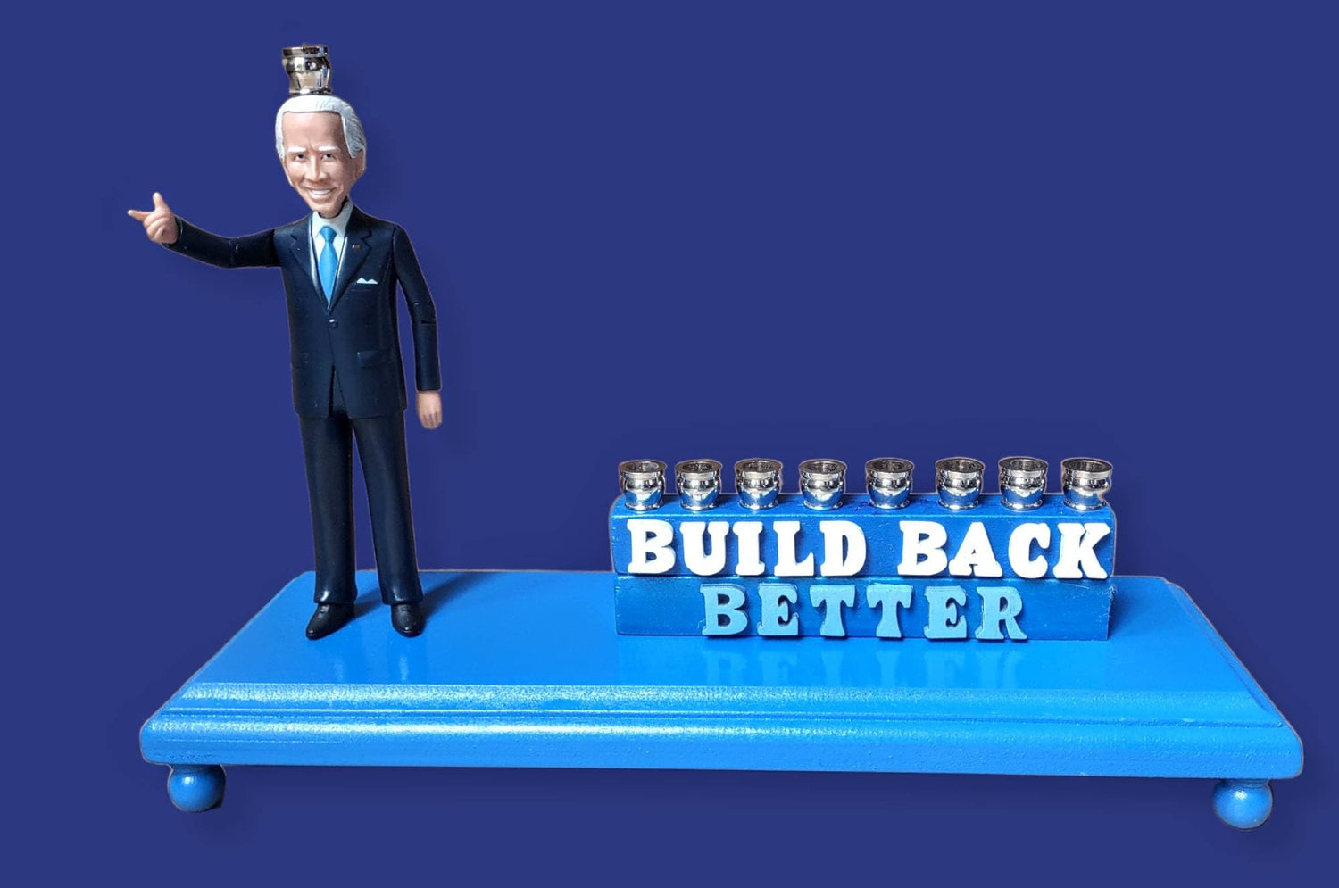 Joe Biden menorah — action figure with Build Back Better wood letters and nickel cups | Judaica Square Lakewood (view 3)