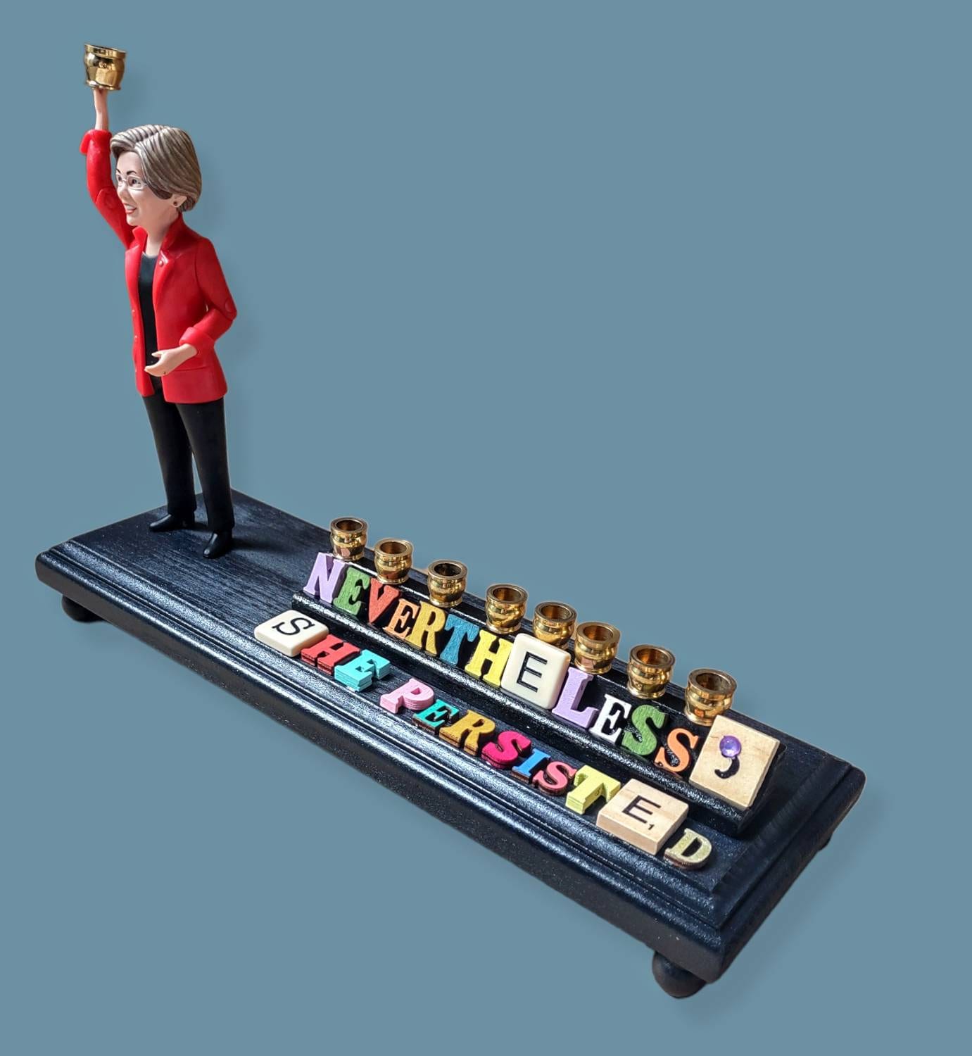 Elizabeth Warren menorah — action figure with scrabble tiles and rhinestone detail | Judaica Square Lakewood (view 4)