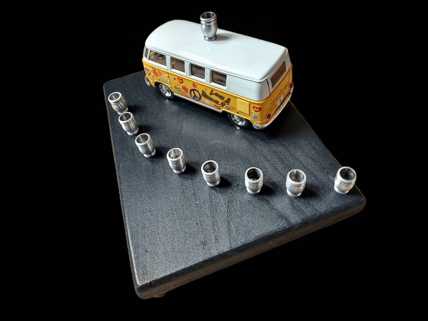 Shalom VW bus menorah — painted die-cast Volkswagen van on wood plaque with candle cups | Judaica Square Lakewood (view 4)