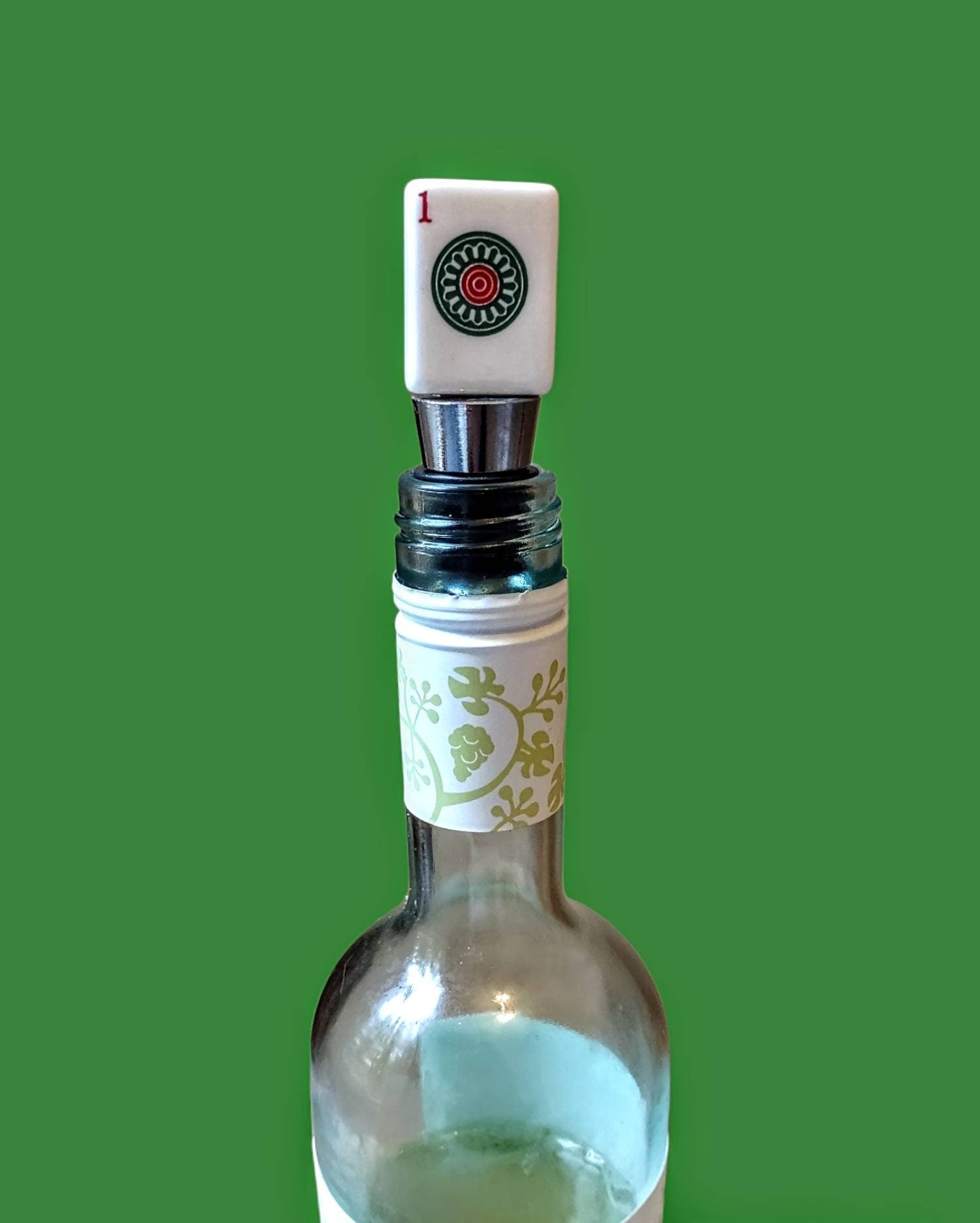 Mahjong tile wine stopper — gold sparkle and tie dye tiles on stainless stoppers | Judaica Square Lakewood (view 5)