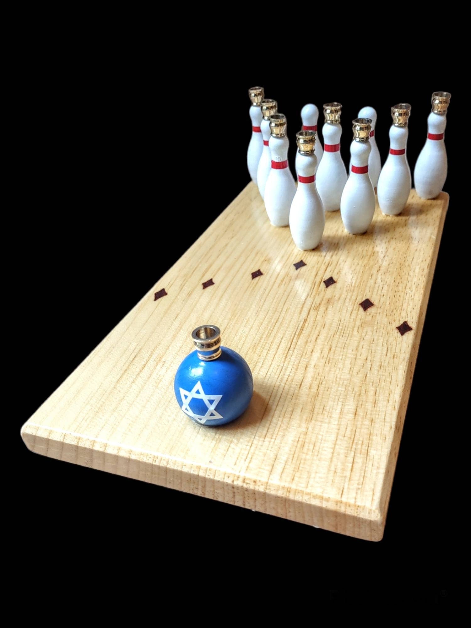 Bowling menorah — stained wood lane with painted pins and bowling ball shamash | Judaica Square Lakewood (view 2)