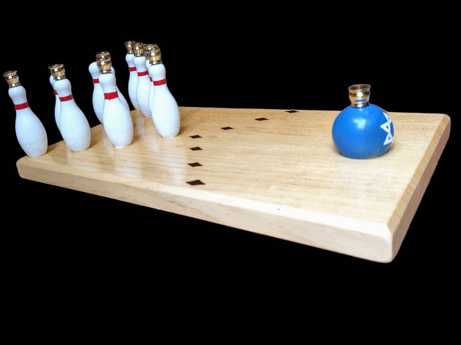 Bowling menorah — stained wood lane with painted pins and bowling ball shamash | Judaica Square Lakewood (view 4)