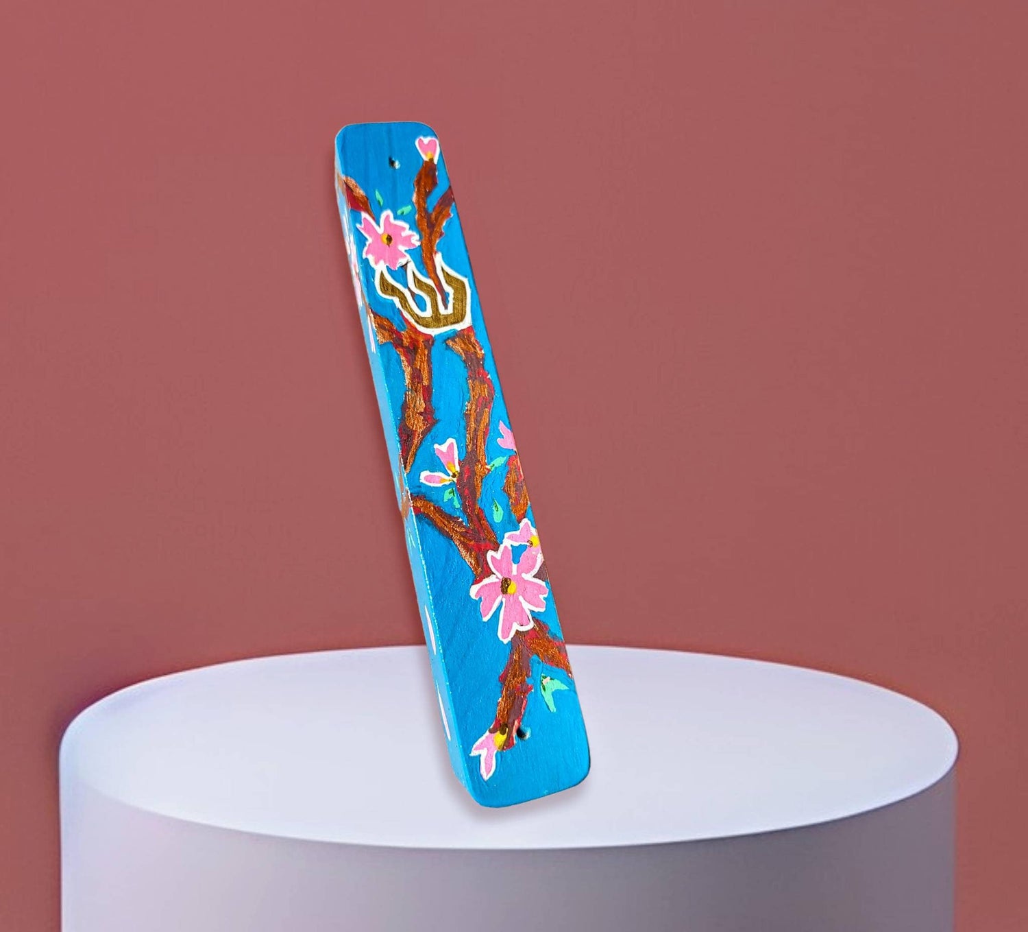 Cherry blossom mezuzah case and dreidel set — matching pink blossom painting on wood | Judaica Square Lakewood (view 4)