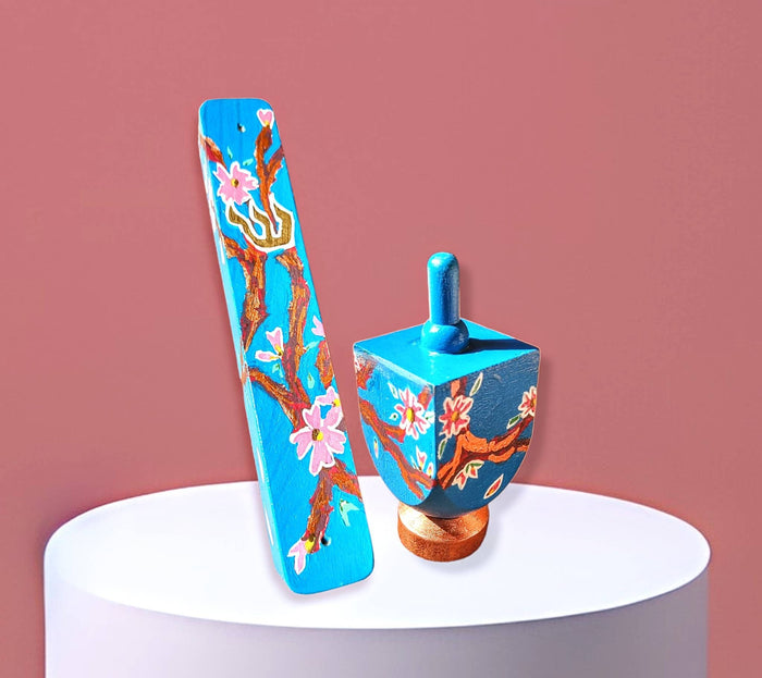 Cherry blossom mezuzah case and dreidel set — matching pink blossom painting on wood | Judaica Square Lakewood