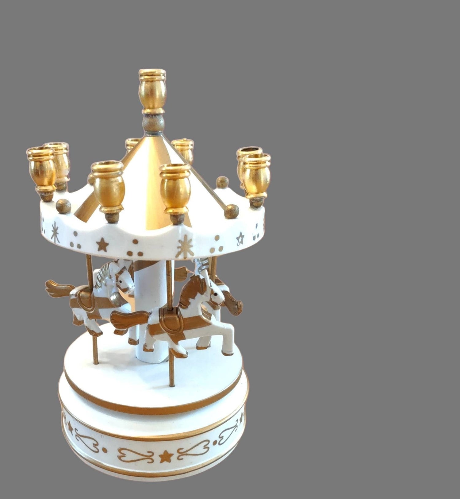 Carousel music box menorah — wind-up carousel with moving horses and gold candle cups | Judaica Square Lakewood (view 2)