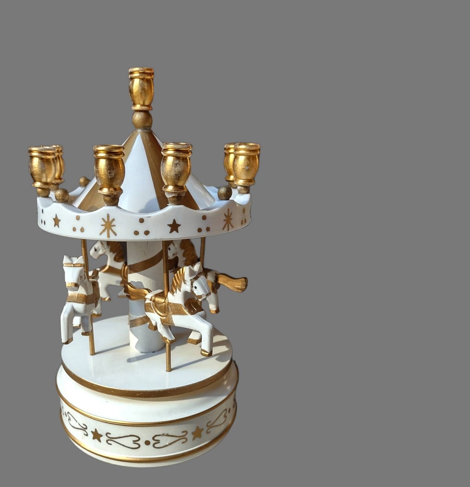 Carousel music box menorah — wind-up carousel with moving horses and gold candle cups | Judaica Square Lakewood (view 4)