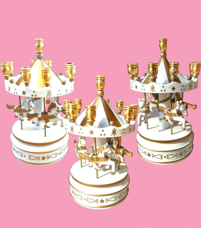 Carousel music box menorah — wind-up carousel with moving horses and gold candle cups | Judaica Square Lakewood