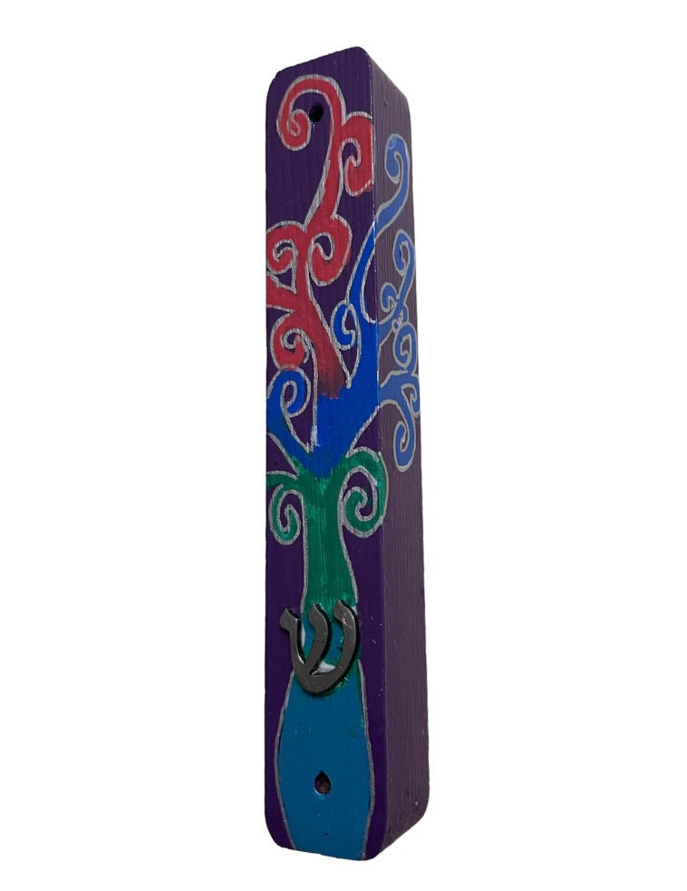 Tree of Life hamsa and mezuzah set — painted wood hamsa reading Chai with case | Judaica Square Lakewood (view 3)