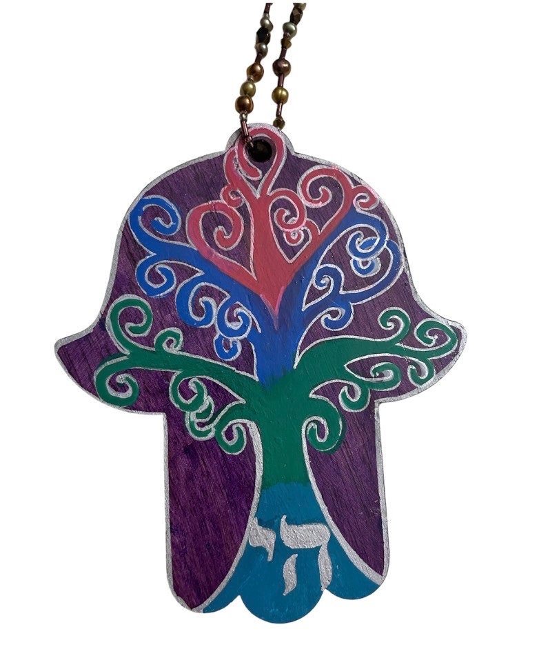 Tree of Life hamsa and mezuzah set — painted wood hamsa reading Chai with case | Judaica Square Lakewood (view 5)