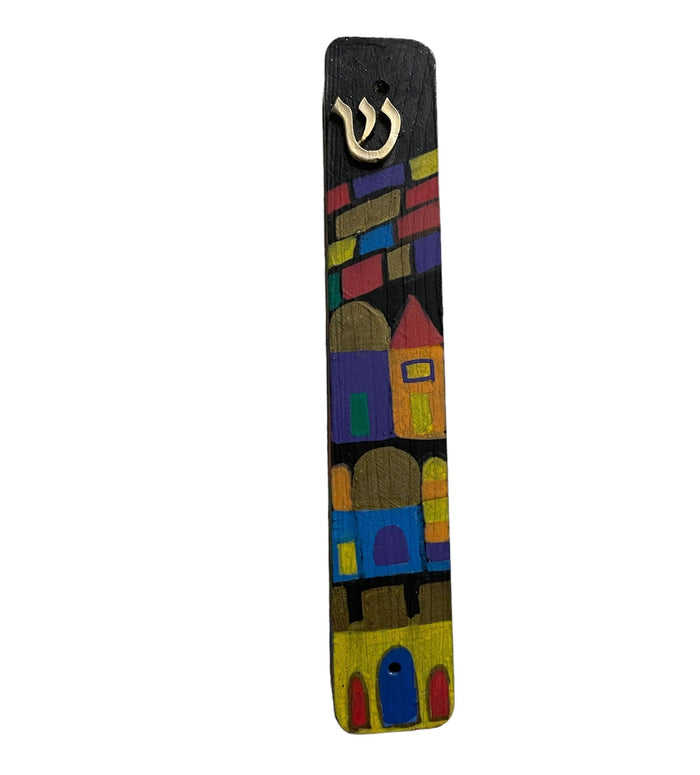 Jerusalem mezuzah case — hand-painted city skyline in gold and jewel tones | Judaica Square Lakewood
