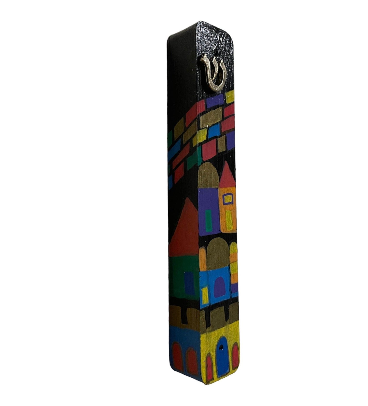 Jerusalem mezuzah case — hand-painted city skyline in gold and jewel tones | Judaica Square Lakewood (view 3)