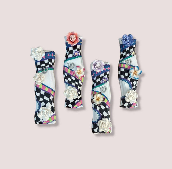 Checkered mezuzah case with flowers — modern painted MDF with silicone blooms | Judaica Square Lakewood