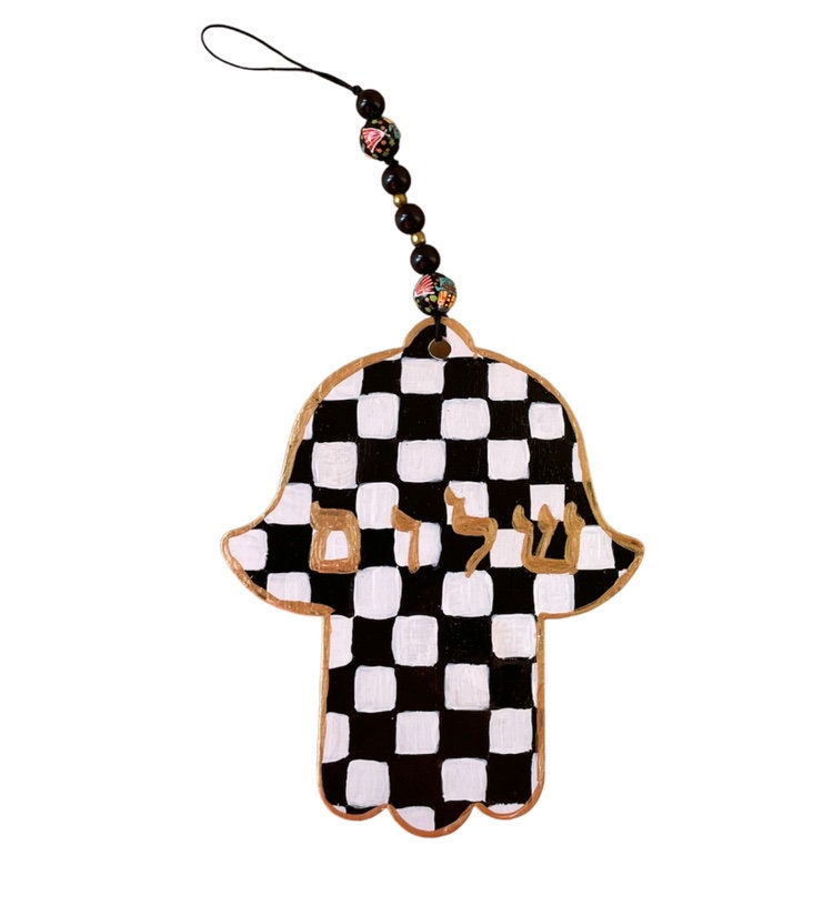 Checkerboard Shalom hamsa — sealed wood hanging on vintage beads | Judaica Square Lakewood (view 2)