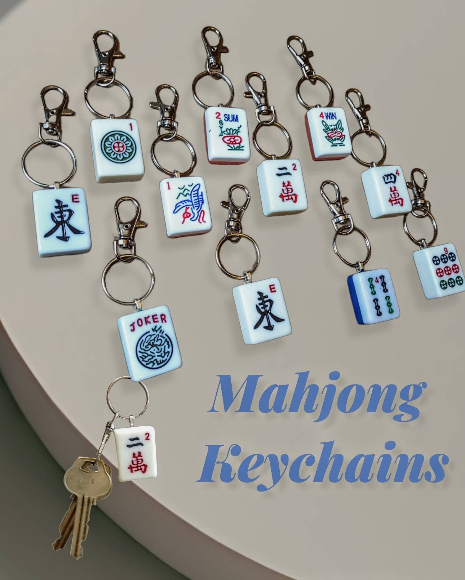 Mahjong keychain — repurposed tile with colored back on key ring | Judaica Square Lakewood (view 2)