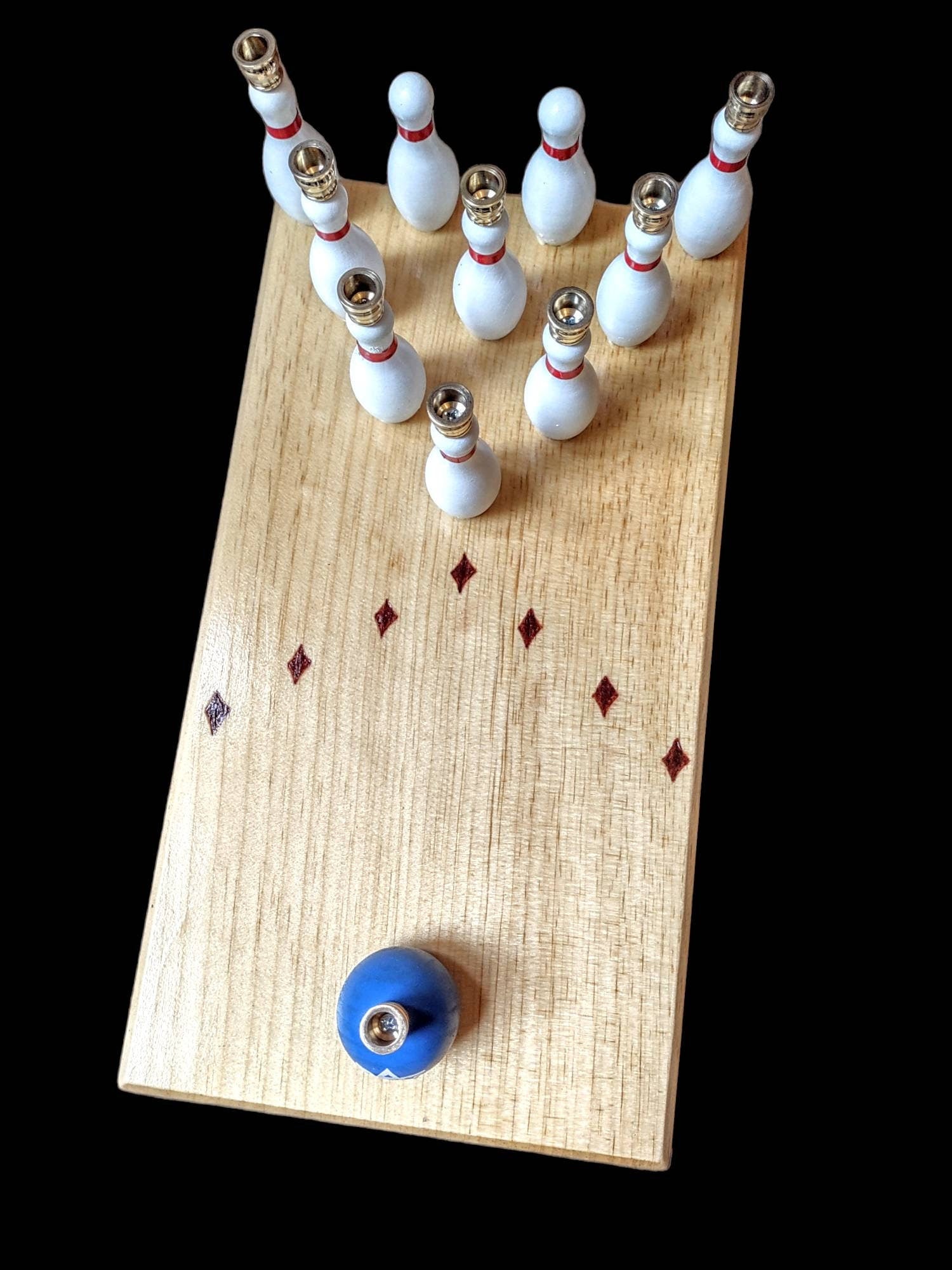 Bowling menorah — stained wood lane with painted pins and bowling ball shamash | Judaica Square Lakewood (view 3)